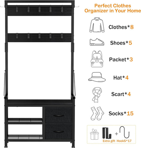 Lulive Hall Tree, 31” Entryway Bench with Coat Rack