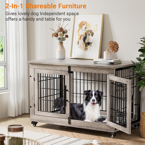Lulive Large Dog Crate Furniture, 38'' Wooden Dog Crate End Table