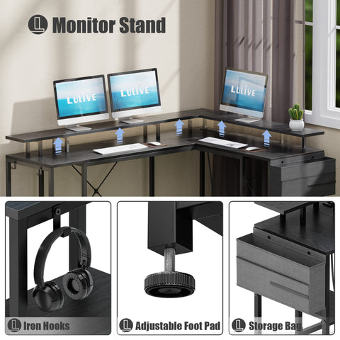 LULIVE L Shaped Gaming Desk,with Power Outlet & LED Strip