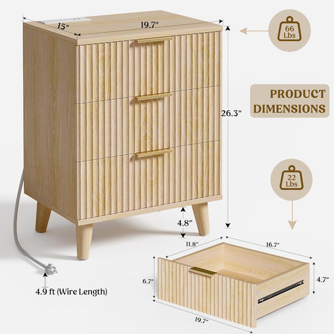 Lulive Wood 3 Drawers Dresser Fluted Night Stand with Charging Station