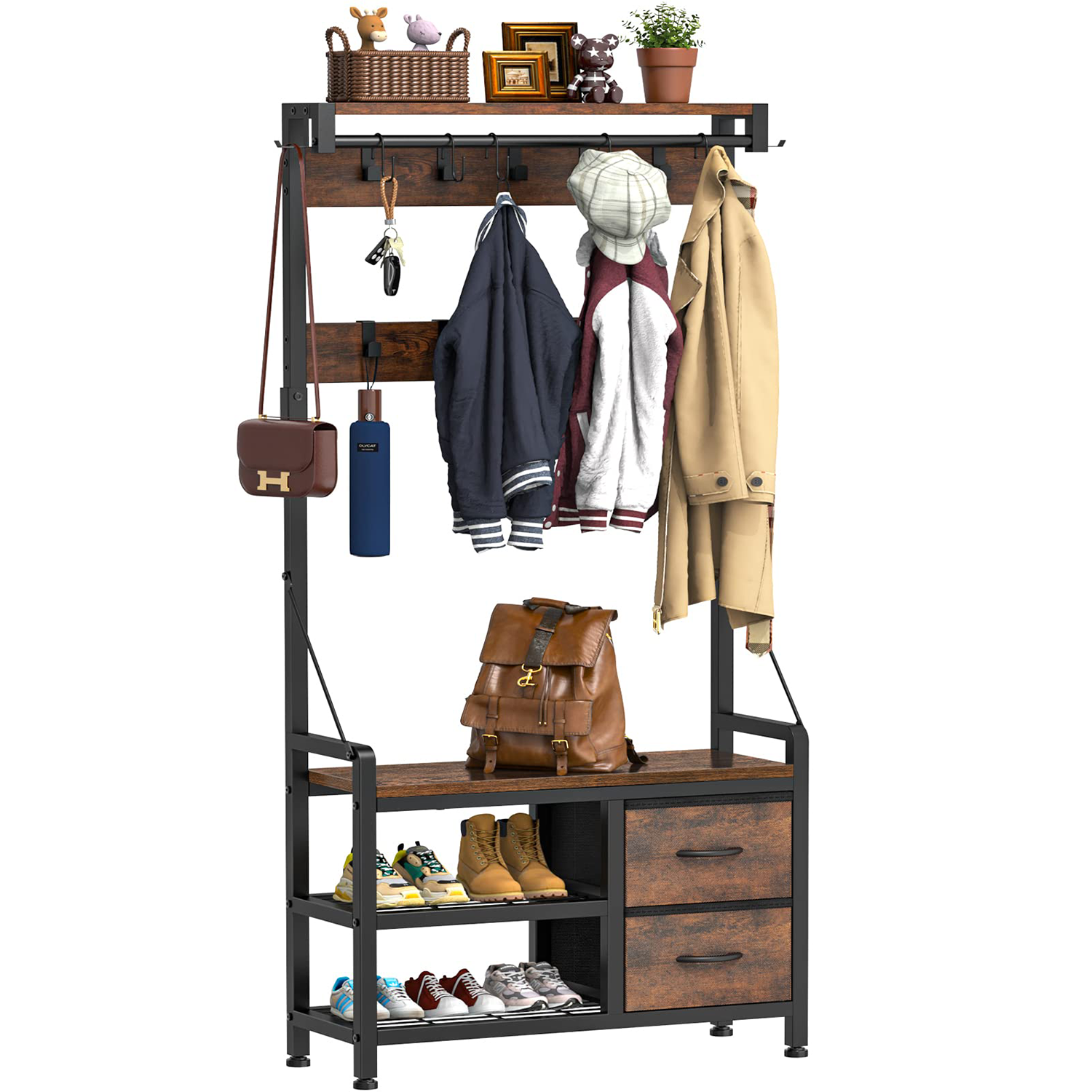 Lulive Hall Tree, 31” Entryway Bench with Coat Rack freestanding