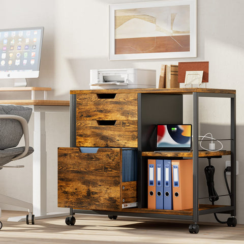 LULIVE Wood File Cabinet for Home Office, with Storage and Socket USB Charging Port fits A4 or Letter Size