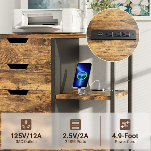 LULIVE Wood File Cabinet for Home Office, with Storage and Socket USB Charging Port fits A4 or Letter Size