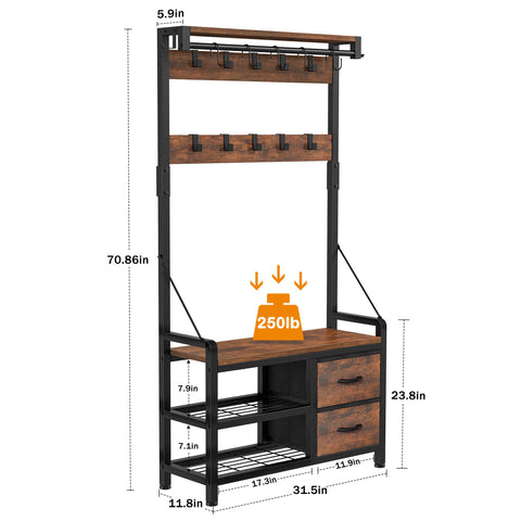 LULIVE Hall Tree, 31” Entryway Bench with Coat Rack