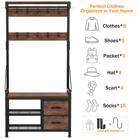 LULIVE Hall Tree, 31” Entryway Bench with Coat Rack