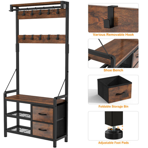 LULIVE Hall Tree, 31” Entryway Bench with Coat Rack