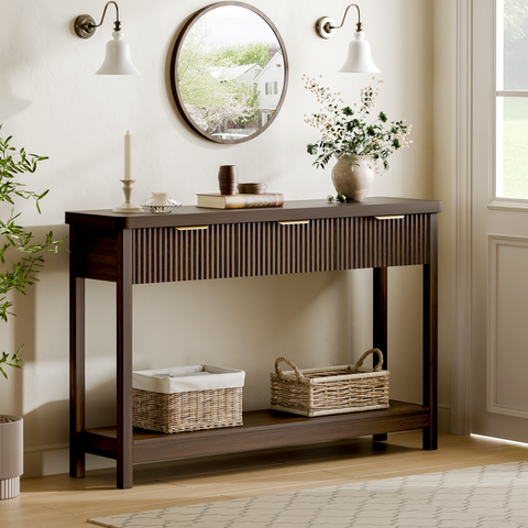 Lulive 51" Fluted Console Table for Entryway, Entryway Table with 3 Wooden Drawers, Farmhouse Behind Sofa Table for Living Room, Hallway, Couch, Foyer