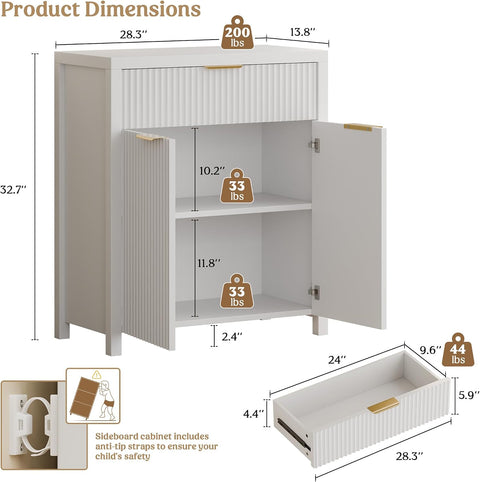 Lulive Fluted Buffet Cabinet for Kitchen, 28.3" Sideboard Cabinet White
