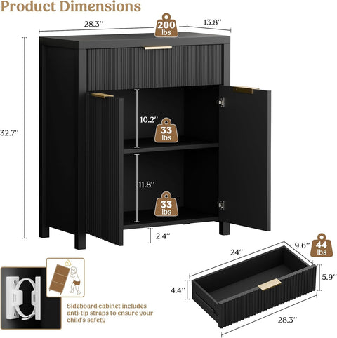 Lulive Black Fluted Storage Cabinet with Drawers Buffet Sideboard Cabinet with Adjustable Shelves for Kitchen Living Room, Kitchen, Entryway