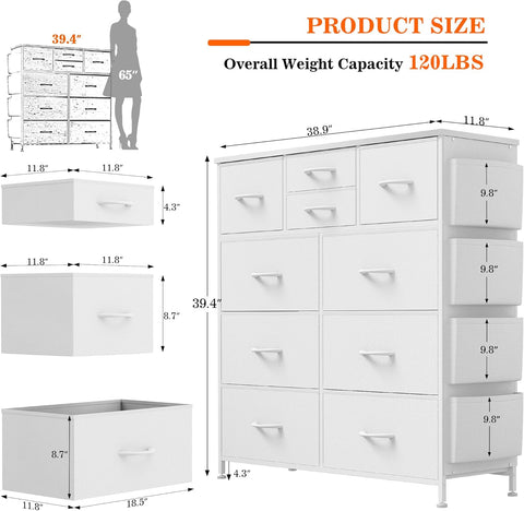 Lulive White Dresser for Bedroom with 10 Drawers, Chest of Drawers with Side Pockets and Hooks, PU Storage Dresser, Organizer Unit for Living Room, Hallway, Closet (White)