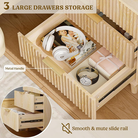 Lulive Wood 3 Drawers Dresser Fluted Night Stand with Charging Station