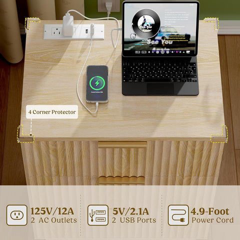 Lulive Wood Night Stand Set 2 Fluted Dresser for Bedroom 3 Drawers End Tables Nightstand with Charging Station, Storage Modern Side Table Natural