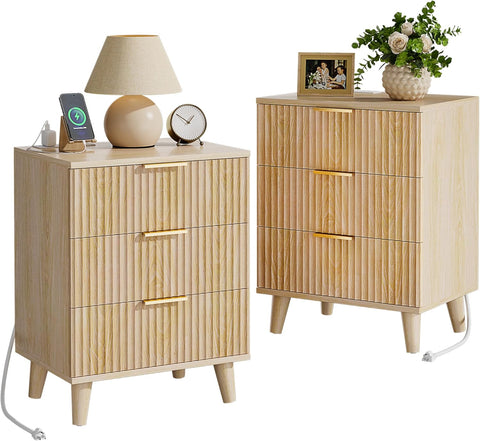 Lulive Wood Night Stand Set 2 Fluted Dresser for Bedroom 3 Drawers End Tables Nightstand with Charging Station, Storage Modern Side Table Natural
