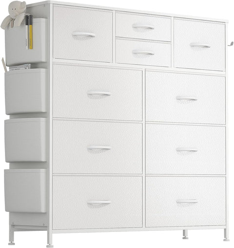 Lulive White Dresser for Bedroom with 10 Drawers, Chest of Drawers with Side Pockets and Hooks, PU Storage Dresser, Organizer Unit for Living Room, Hallway, Closet (White)