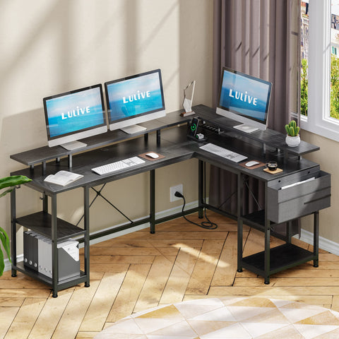 LULIVE L Shaped Gaming Desk,with Power Outlet & LED Strip