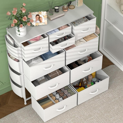 Lulive White Dresser for Bedroom with 10 Drawers, Chest of Drawers with Side Pockets and Hooks, PU Storage Dresser, Organizer Unit for Living Room, Lulive White Dresser for Bedroom with 10 Drawers, Chest of Drawers with Side Pockets and Hooks, PU Storage Dresser, Organizer Unit for Living Room,