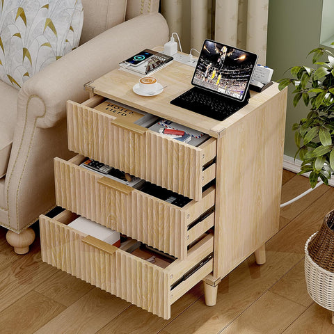 Lulive Wood 3 Drawers Dresser Fluted Night Stand with Charging Station