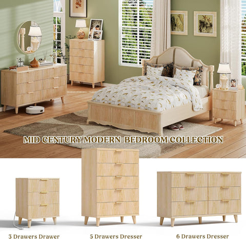 Lulive Wood Night Stand Set 2 Fluted Dresser for Bedroom 3 Drawers End Tables Nightstand with Charging Station, Storage Modern Side Table Natural