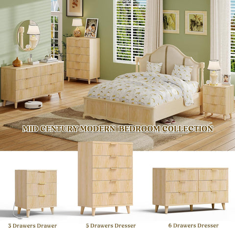 Lulive Wood 3 Drawers Dresser Fluted Night Stand with Charging Station