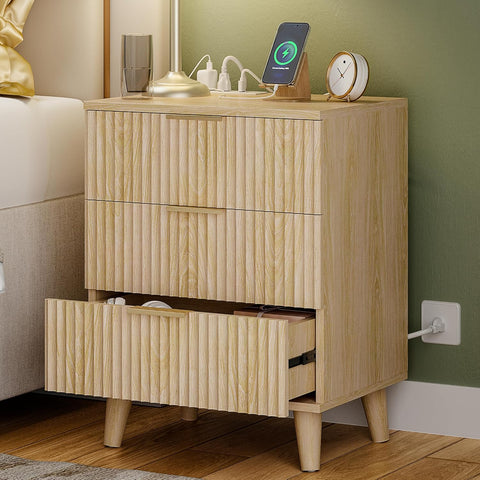 Lulive Wood 3 Drawers Dresser Fluted Night Stand with Charging Station