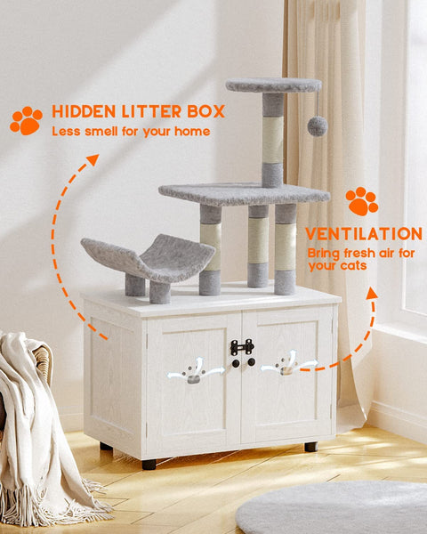 LULIVE Cat Litter Box Enclosure, Hidden Cat Washroom Furniture with Cat Tree Tower