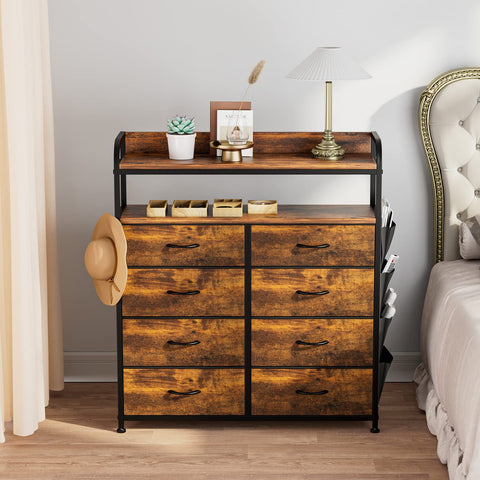 LULIVE 8 Drawer Dresser with Shelves, Chest of Drawers for Bedroom with Side Pockets and Hook