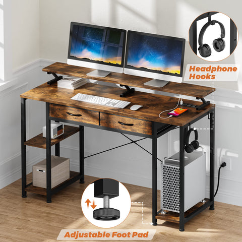 LULIVE Computer Desk with Drawers, 47 inch Office Desk with Power Outlet and Storage Shelves